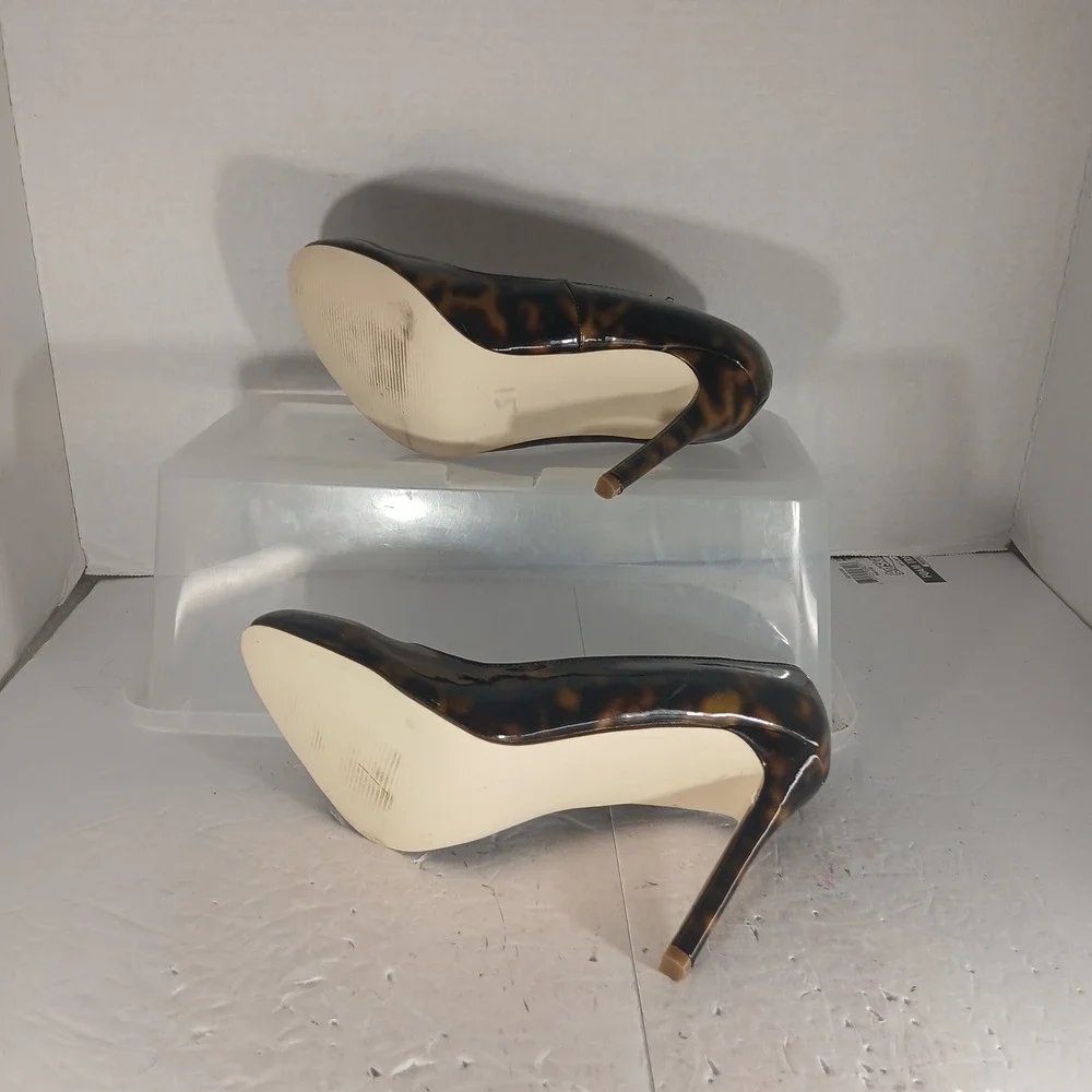 JustFab Cleonia Pumps 7.5 Brown Tortoiseshell Patent Stiletto Round Toe Heels